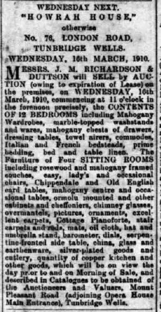 Howrah House contents sale 1910 from Kent and Sussex Courier